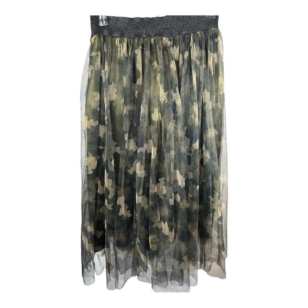 MOLLY BRACKEN Women's Camo Tulle High Rise Midi Skirt Green One Size